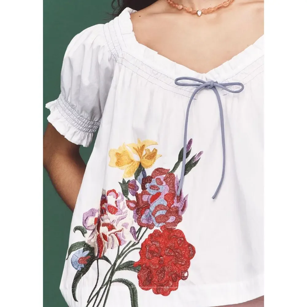 By Anthropologie Puff-Sleeve Tie-Front Embroidered Blouse | Size M